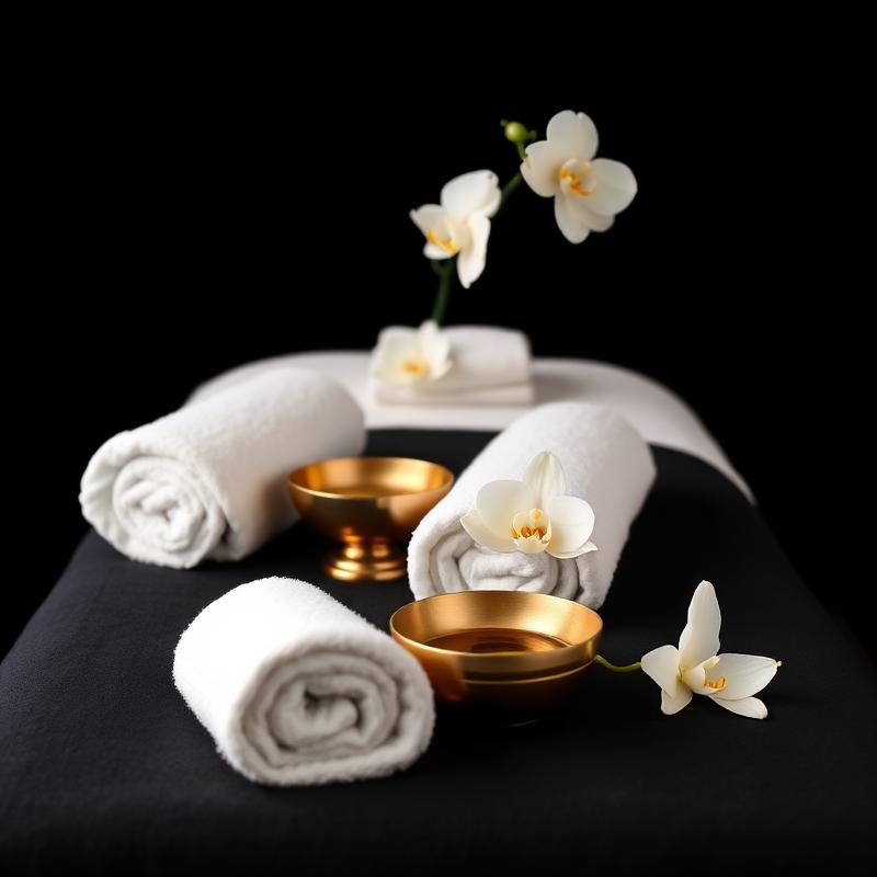 Massage therapy table set with towels and gold oil bowls